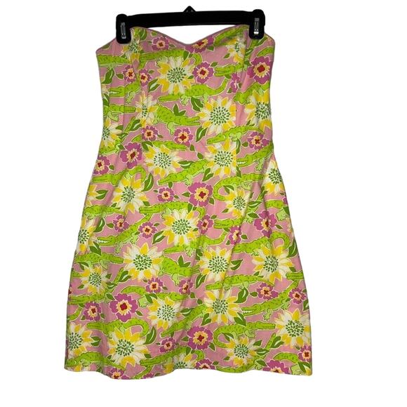 Lilly Pulitzer Women's Size 4 Strapless Dress Alligator Floral Print Pink Green - Picture 1 of 12